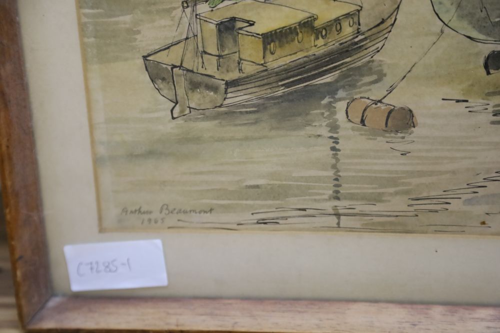 Arthur Beaumont, ink and watercolour, Boats at Newhaven, signed and dated 1965, 37 x 55cm